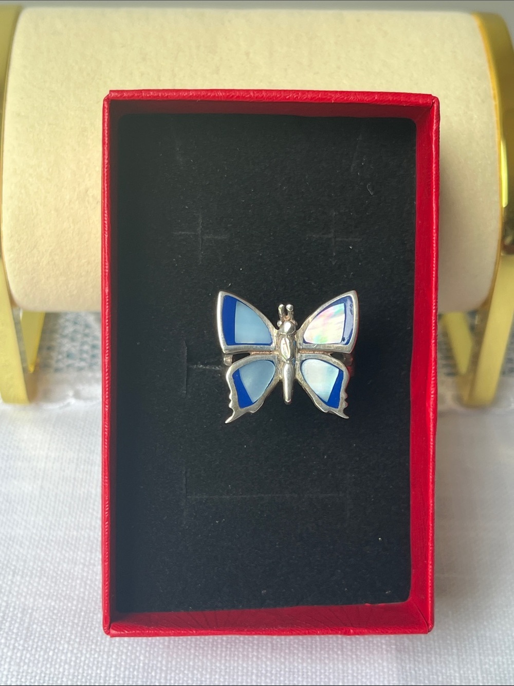 Vintage Sterling Silver Blue Butterfly Ring Mother of Pearl Size 6 3/4” NWOT